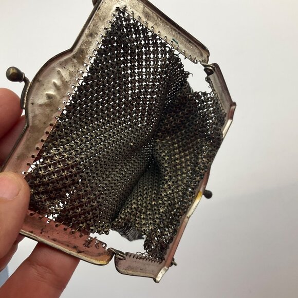 Antique 20's Art Deco Green Chainmail Mesh Evening Bag Handpainted Enamel*Read* - Picture 9 of 14